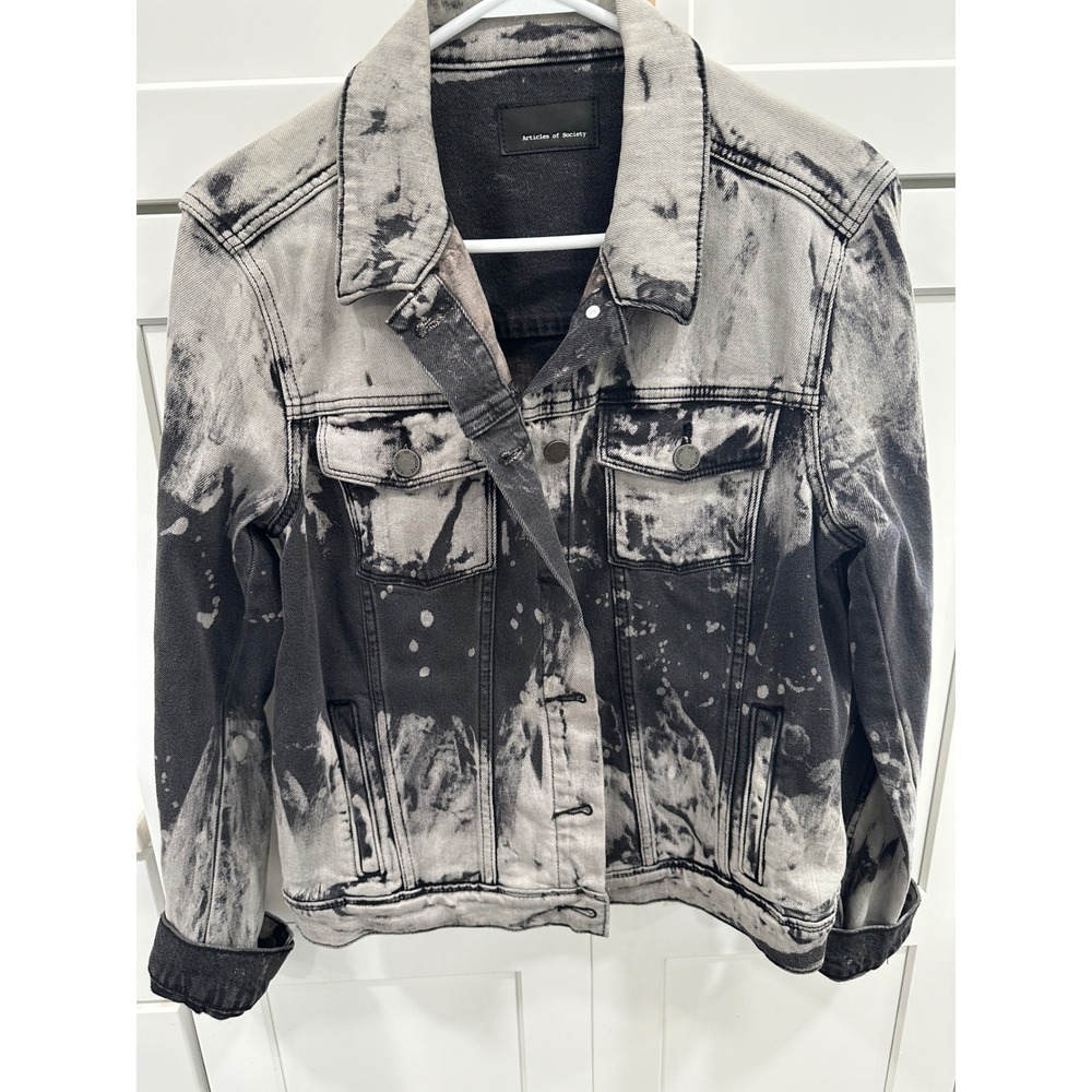 Articles of Society Bleach Wash Denim Jacket Black White Splatter Size L